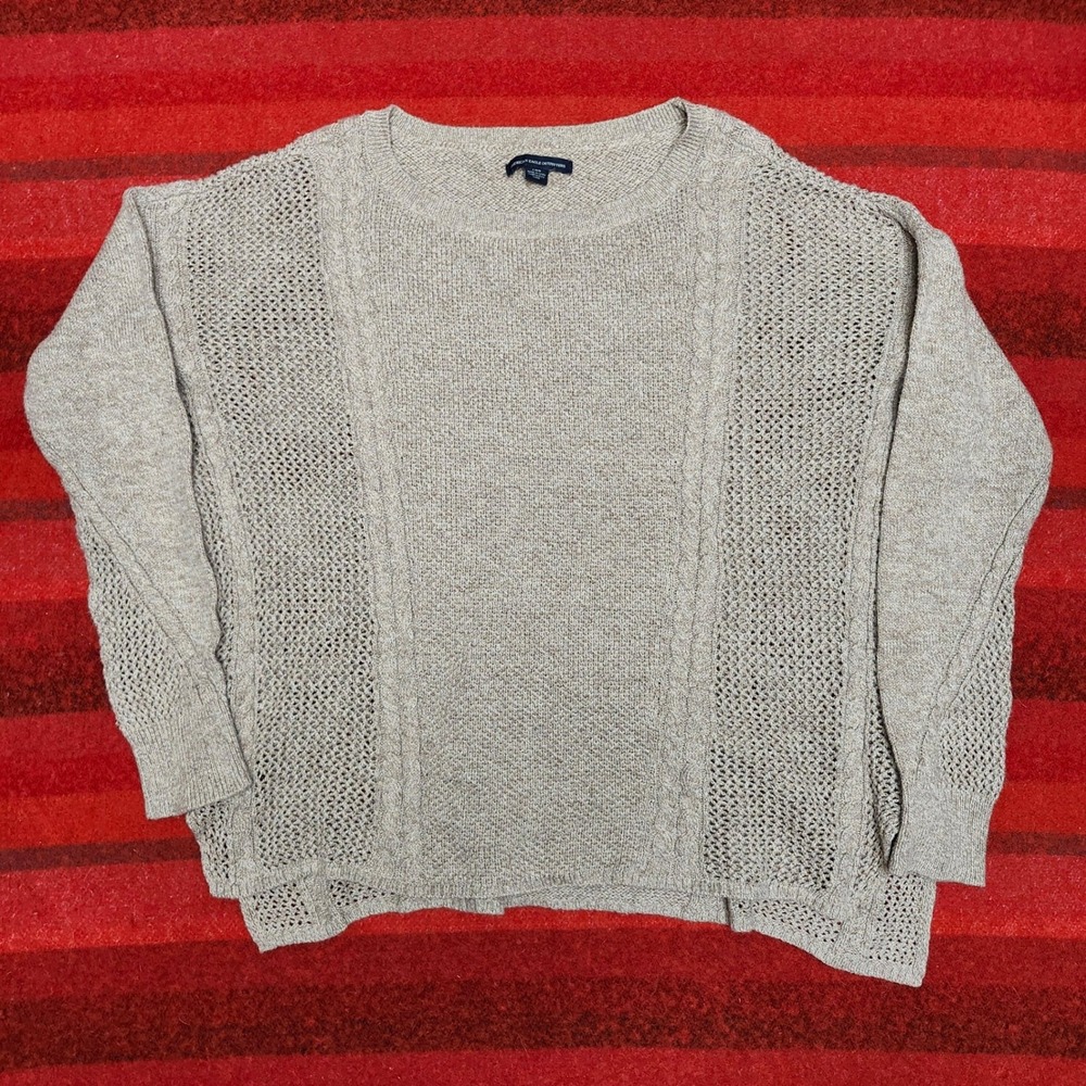 Y2K Cable Open Knit Slouchy Sweater Boho Pointelle Beige American Eagle Large
